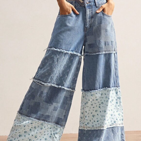 Blue Boho Casual Women's Loose Patchwork Wide Leg Jeans - Picture 3 of 7